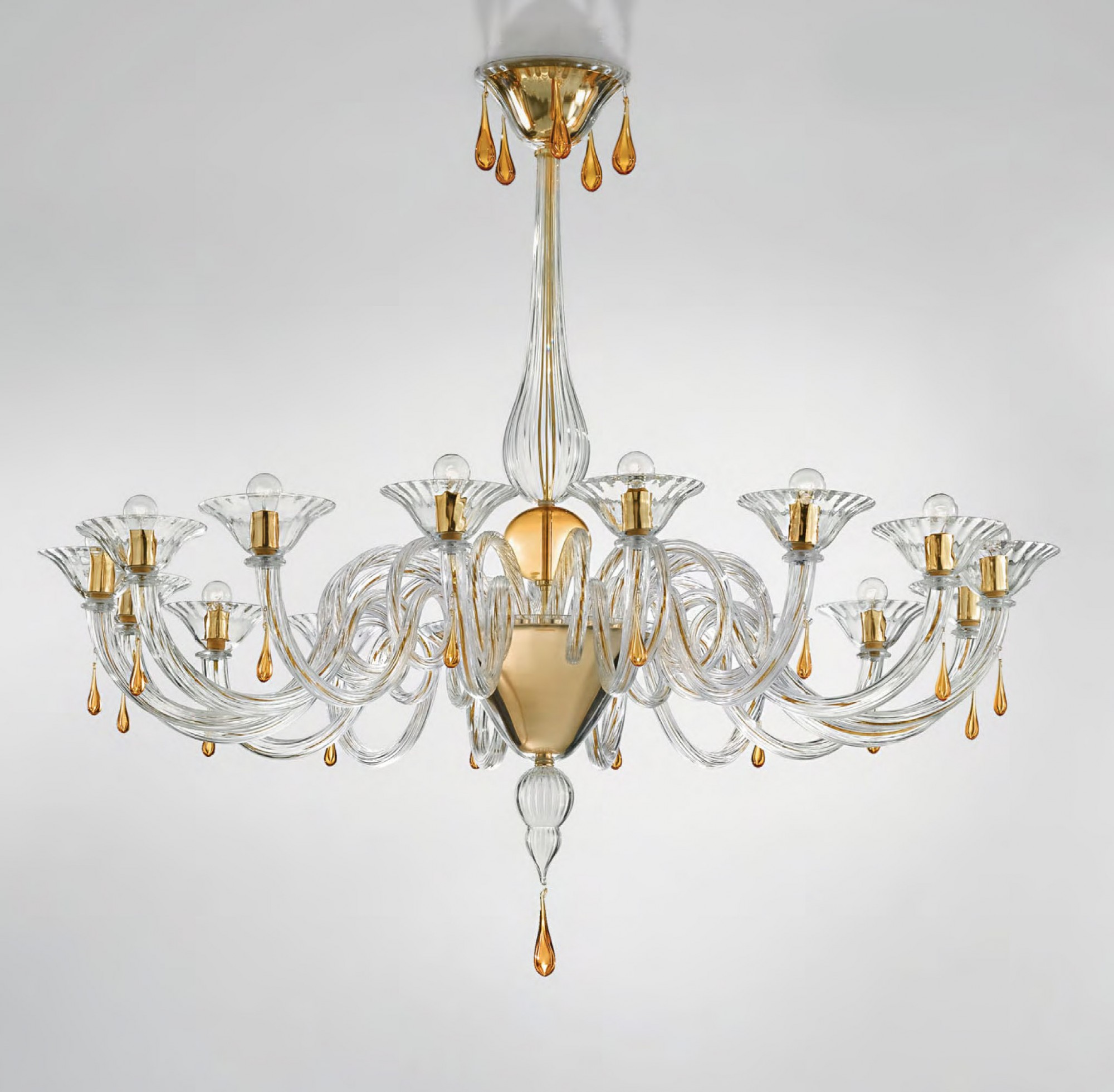 Modern Murano chandelier lighting clear glass and gold metal finish