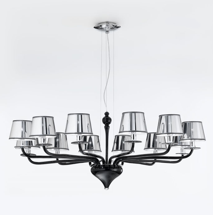 Contemporary modern black Murano glass chandelier pendant chrome shades 12 lights