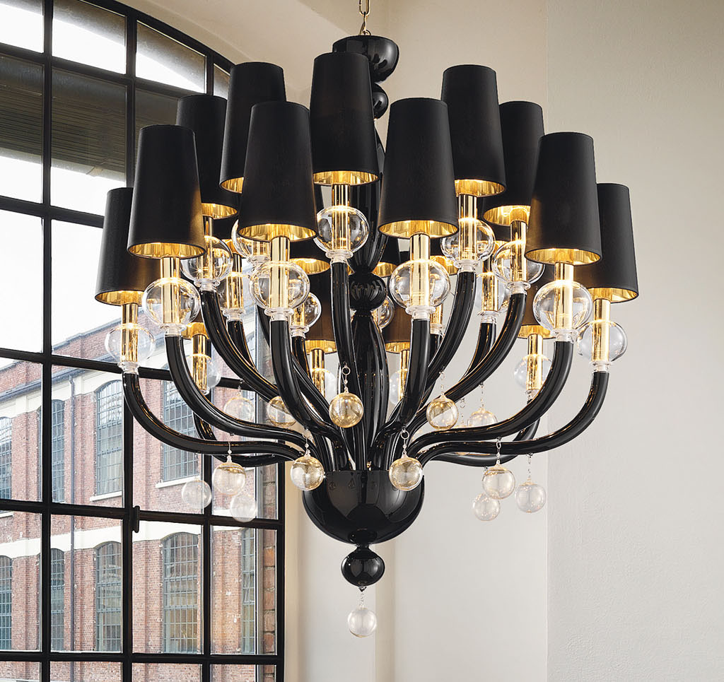 Black Glass Modern Murano Chandelier with Black Lampshades DMMADML20K