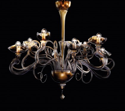 Modern Murano Glass Chandelier with Clear Violet and Gold Leaf DMARIAL8K