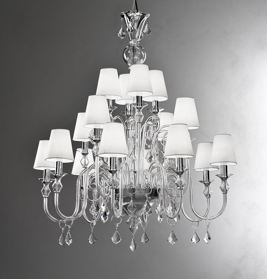 Modern Murano chandelier with clear glass and white lampshades crystal drops L16K